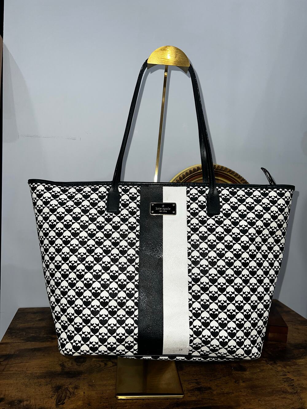 Kate Spade New York Black and White Spade Print Tote Bag with Center Stripe and